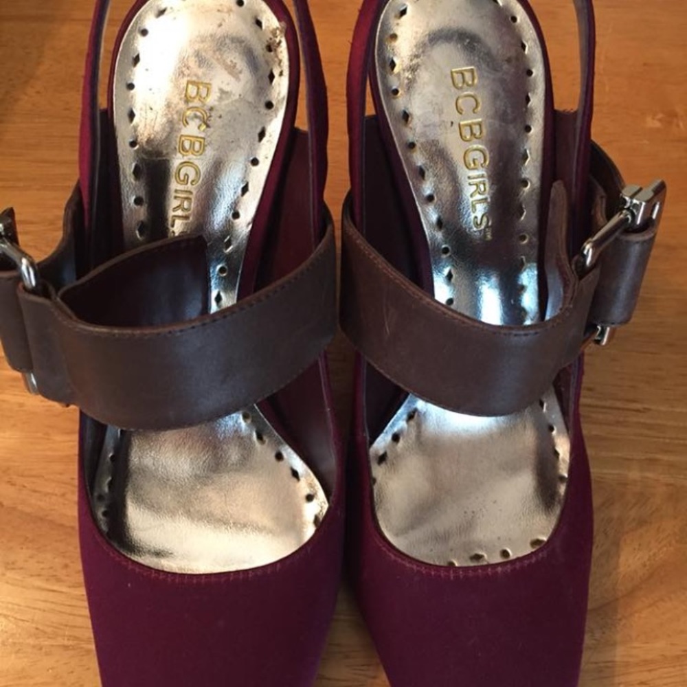 BCBGirls burgundy satin peep toe slingback